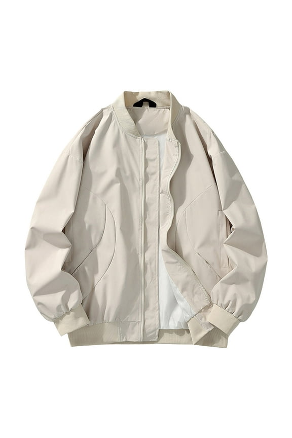 Men's Long Sleeve Workwear Jacket, Solid Color Round Neck Casual Stylish Outerwear for Hiking and Daily Outfit