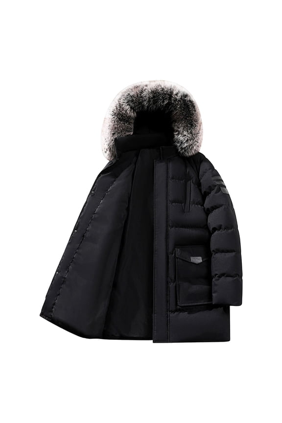 Men's Mid-Length Cotton Coat, Solid Color with Thickened Fleece Lining, Full Sleeve Hooded Zipper Front Jacket for Winter Warmth and Outdoor Activities