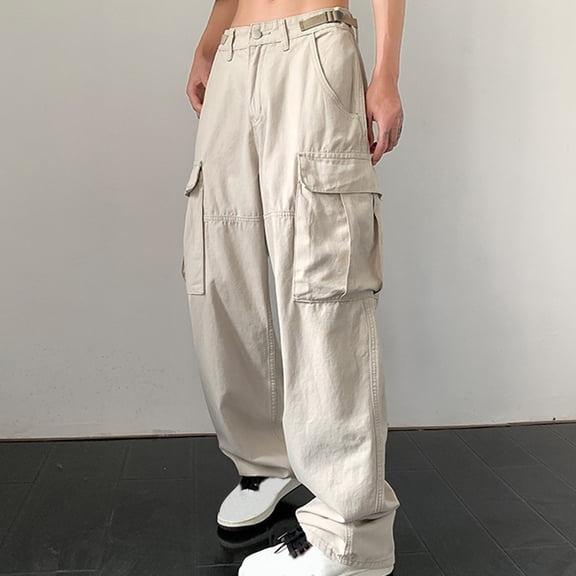 Handshe Men's Outdoor Cargo Pants, Solid Color with Elastic Waist & Drawstring, Durable Multi-Pocket Workwear Pants for Hiking, Travel and Daily Use