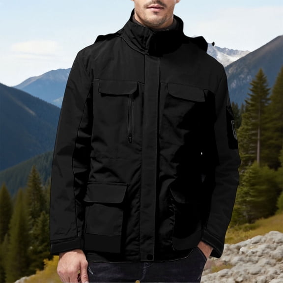 Handshe Men's Outdoor Jacket, Solid Color with Zippered Pockets, Windproof and Waterproof Long Sleeve with Detachable Hood for Hiking, Camping and Daily Use