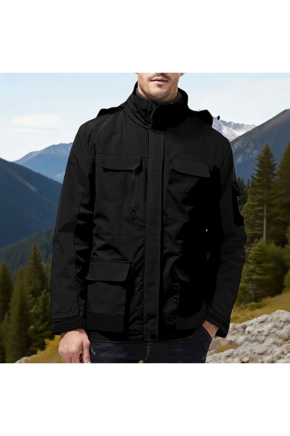 Men's Outdoor Jacket, Solid Color with Zippered Pockets, Windproof and Waterproof Long Sleeve with Detachable Hood for Hiking, Camping and Daily Use