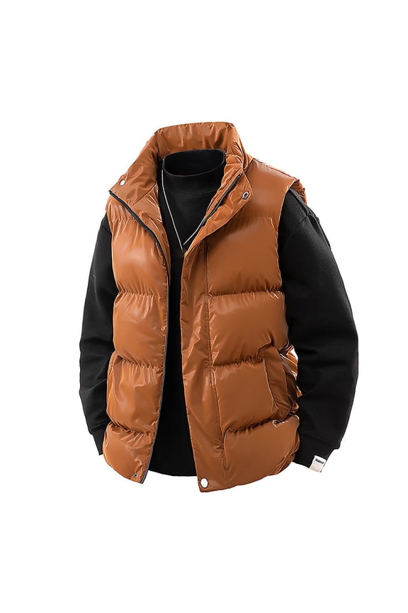 Men's Outdoor Photography Vest, Solid Color with Glossy Finish, Stand Collar Thermal Insulated for Hiking, Travel, and Daily Use