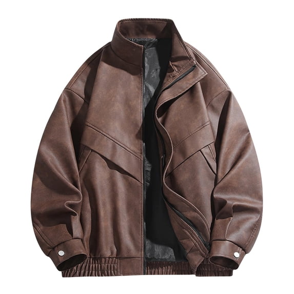 Handshe Men's PU Leather Motorcycle Jacket, Solid Vintage Biker Coat with Zipper Pockets, Long Sleeve No Hood Biker Jacket for Casual Outfit and Retro Style