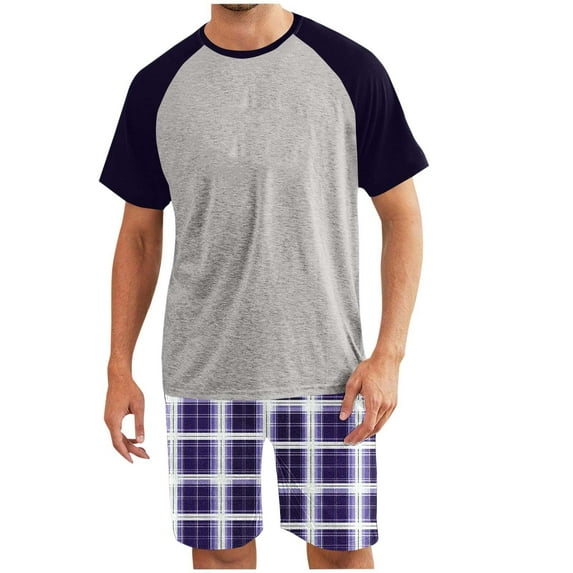 Handshe Men's Plaid Print Raglan Color Blocking Lounge Set, Casual Two-Piece Home Wear Comfort Outfit for Men,Plus Size