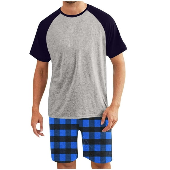 Handshe Men's Plaid Print Raglan Sleeve T-Shirt and Shorts Set, Color-Blocking Casual Two-Piece Outfit, Breathable Loungewear for Home Relaxation,Plus Size
