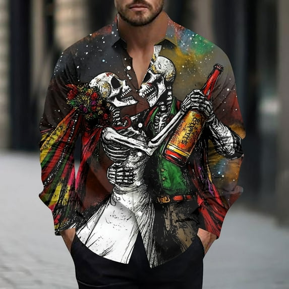 Handshe Men's Printed Long Sleeve Casual Shirt, Stylish Printed Design, Button-Up Collar, Relaxed Fit for Everyday Wear, Urban Outings,Plus Size