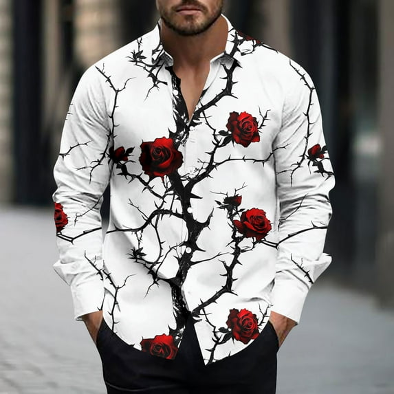 Handshe Men's Printed Long Sleeve Collar Casual Shirts, Stylish Floral Design Button-Up Tops for Daily Wear and Outdoor Activities,Plus Size
