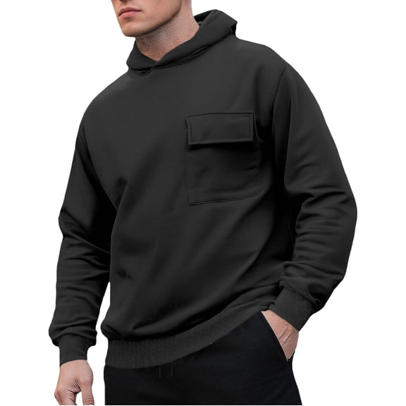 Handshe Men's Pullover Hoodie, Solid Color Loose Fit with Patch Pockets, Casual French for Everyday Wear