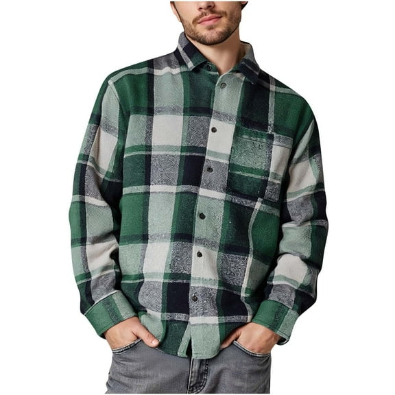 Handshe Men's Retro Checkered Long Sleeve Shirt, Vintage Plaid Button Pocket Turn-Down Collar Casual Shirt for Men, Outdoor Daily Casual Wear,Plus Size