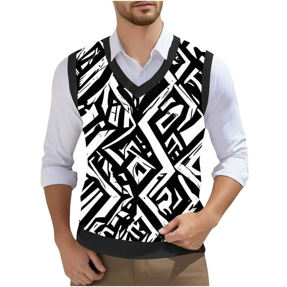Handshe Men's Retro Printed Casual Business Knit V - Neck Vest