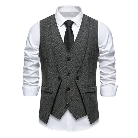 Handshe Men's Retro Single-Breasted Vest, Solid Color with Functional Pockets and Faux Layered Design, V-Neck Waistcoat for Office Wear and Daily Outfits