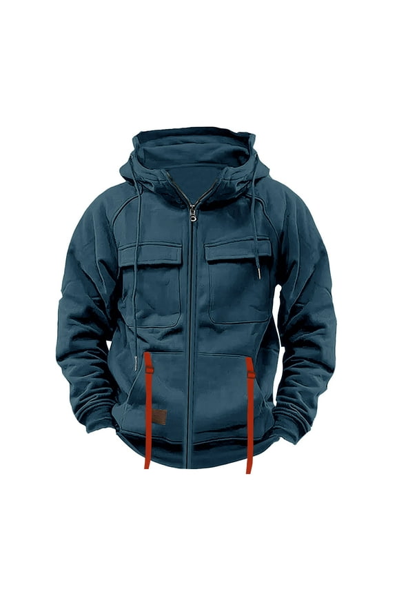 Men's Retro Workwear Hooded Casual Jacket, Solid Color Multiple Pocket Zippered Long Sleeve, Outdoor Hiking Camping Daily Wear,Plus Size