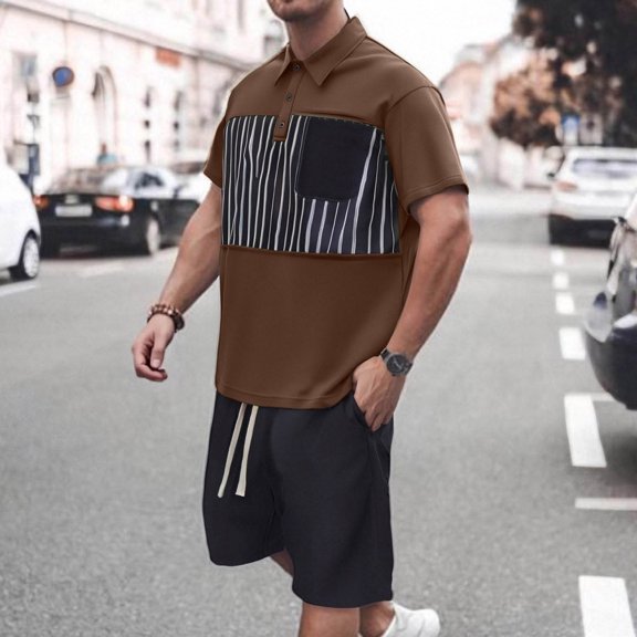 Handshe Men's Round Neck Button Down Collar Short Sleeve T-Shirt with Drawstring Shorts Set, Casual Breathable Comfortable Outfit for Daily Wear, Outdoor Activities and Sports,Plus Size