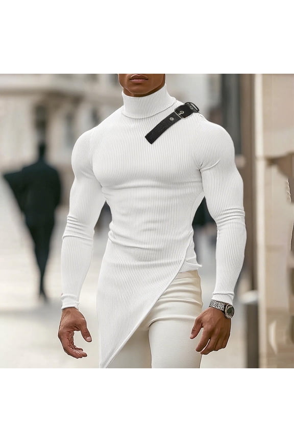 Men's Semi-Turtleneck Base Layer Shirts, Elastic Athletic Compression Top, Striped Long Sleeve Design for Gym Running Daily Training,Plus Size