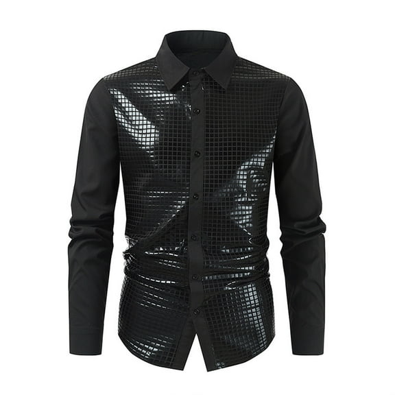 Handshe Men's Sequin Shiny Button Down Shirt Short Sleeve Collared Shirts Party Holiday Tops