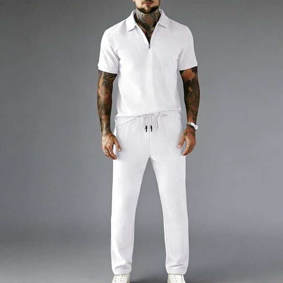 Handshe Men's Shirt and Pants Set, Summer Solid Color Short Sleeve with Zipper Front, Elastic Waist with Drawstring Pockets, Casual Outfit for Travel and Daily Wear