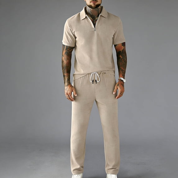 Handshe Men's Shirt and Pants Set, Summer Solid Color Short Sleeve with Zipper Front, Elastic Waist with Drawstring Pockets, Casual Outfit for Travel and Daily Wear