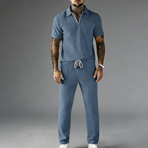 Handshe Men's Shirt and Pants Set, Summer Solid Color Short Sleeve with Zipper Front, Elastic Waist with Drawstring Pockets, Casual Outfit for Travel and Daily Wear