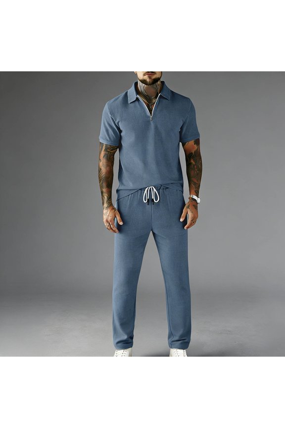 Men's Shirt and Pants Set, Summer Solid Color Short Sleeve with Zipper Front, Elastic Waist with Drawstring Pockets, Casual Outfit for Travel and Daily Wear
