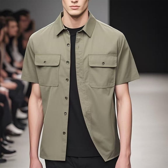 Handshe Men's Short Sleeve Button-Down Shirt, Solid Color, Casual Workwear for Daily Wear and Office