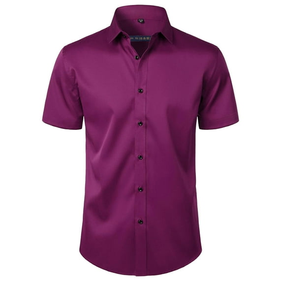 Handshe Men's Short Sleeve Button-Up Shirt, Solid Color with Turn-Down Collar for Casual and Office Use