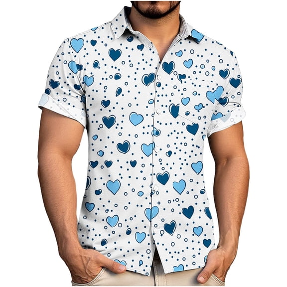 Handshe Men's Short Sleeve Button-Up Shirt with Heart Print, Casual for Valentine's Day and Daily Wear