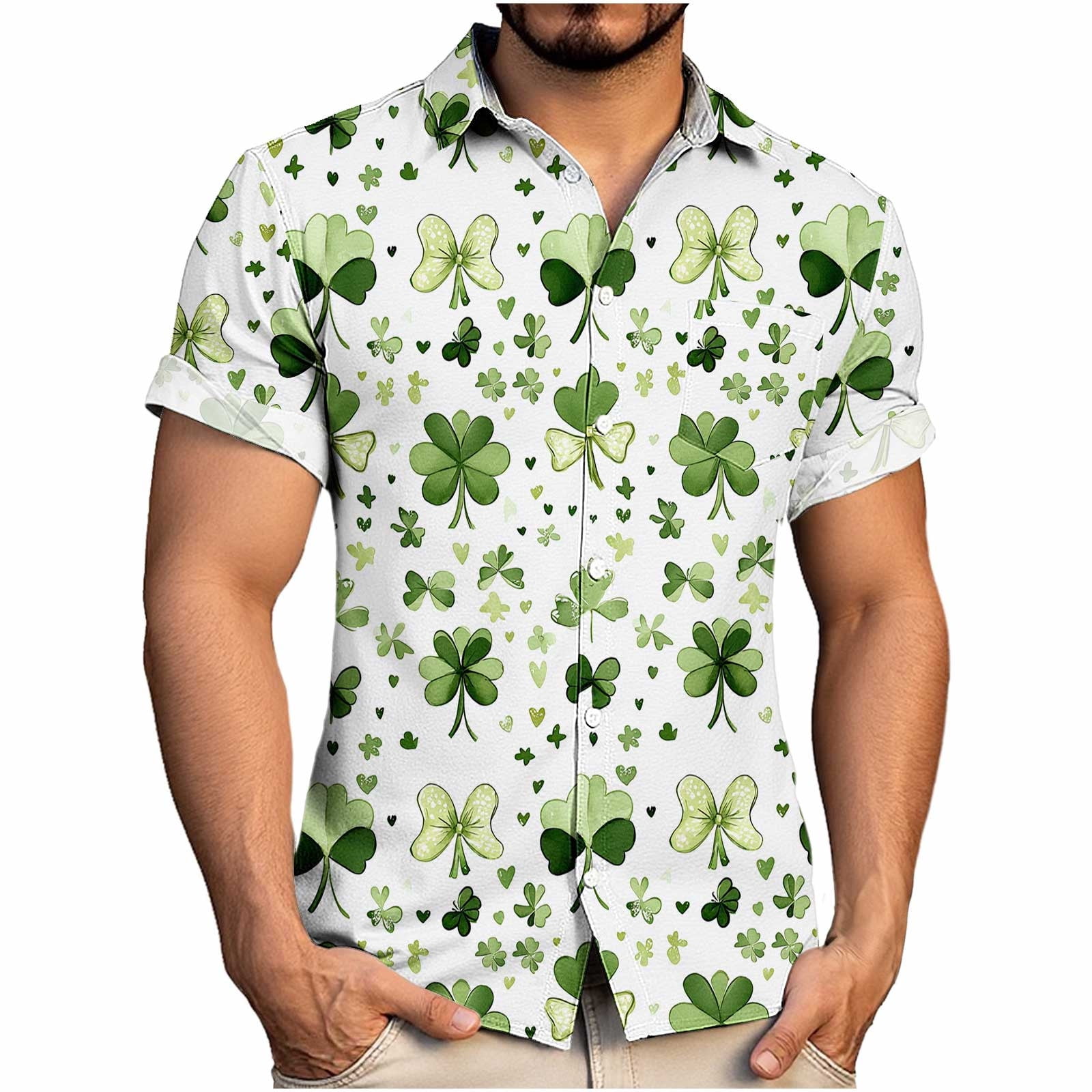 Handshe Men's Short Sleeve Button-Up Shirt with Turn-Down Collar and St ...