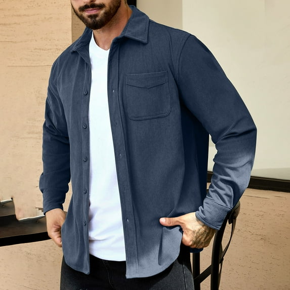 Handshe Men's Short Sleeve Corduroy Shirts, Classic Button-Down Collar Solid Color Casual Shirt for Men, Autumn Outdoor Daily Wear,Plus Size