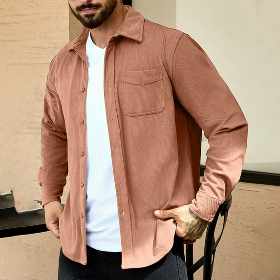 Handshe Men's Short Sleeve Corduroy Shirts, Classic Button-Down Collar Solid Color Casual Shirt for Men, Autumn Outdoor Daily Wear,Plus Size