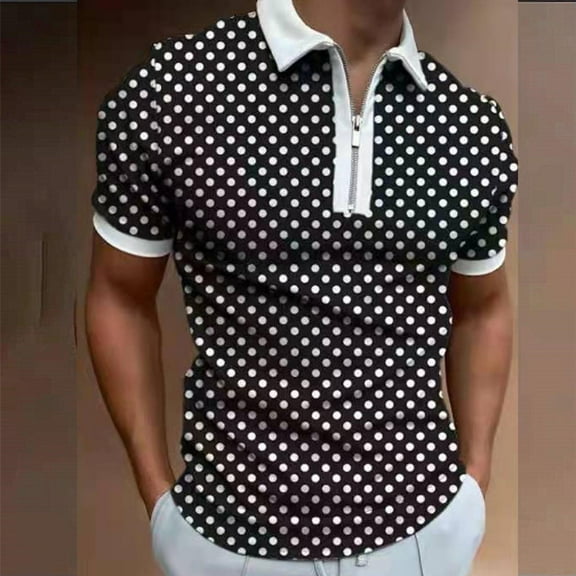 Handshe Men's Short - Sleeve Printed Zip - Up Turn - Down Collar Casual T - shirt