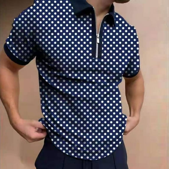 Handshe Men's Short - Sleeve Printed Zip - Up Turn - Down Collar Casual T - shirt