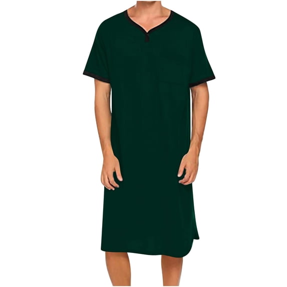 Handshe Men's Short Sleeve V-Neck Pajama Robe, Long Length Loose Fit Comfortable for Home Lounge and Sleeping