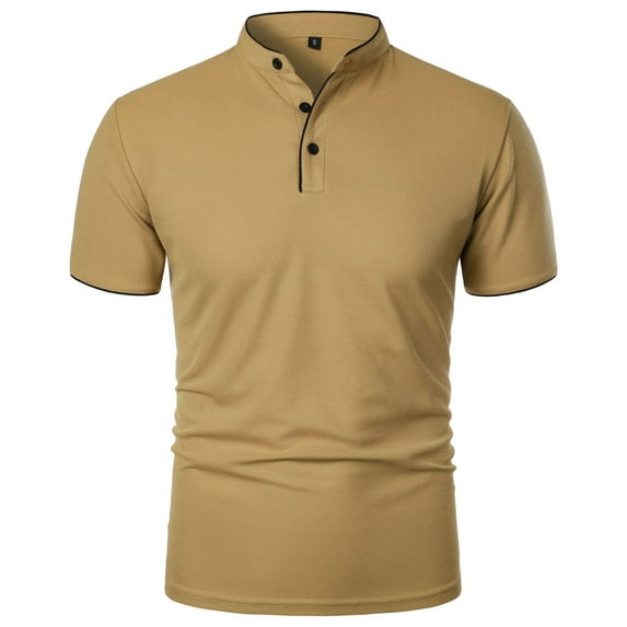 Handshe Men's Short Sleeved Shirt Solid Color 3 Buttons Short Sleeved Shirt Short Sleeved Stand up Collar Shirt