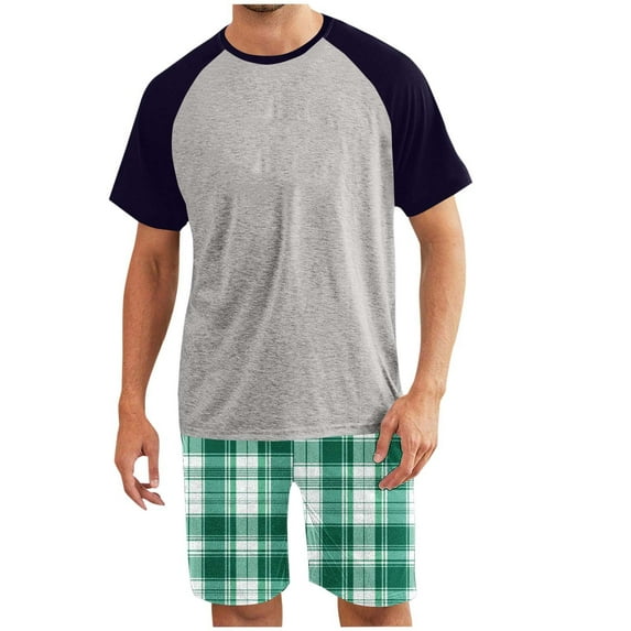 Handshe Men's Shorts & Short Sleeve T-Shirt Set, Checkered Print Color Block Raglan Two-Piece Loungewear, Casual Comfort Homewear for Men,Plus Size