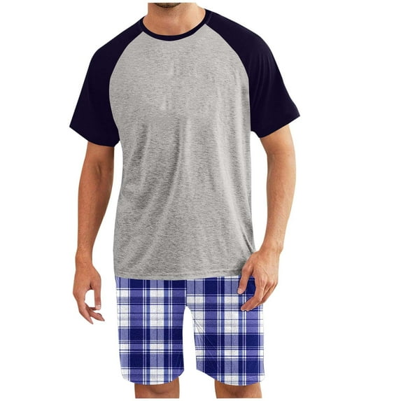 Handshe Men's Shorts & Short Sleeve T-Shirt Set, Checkered Print Color Block Raglan Two-Piece Loungewear, Casual Comfort Homewear for Men,Plus Size