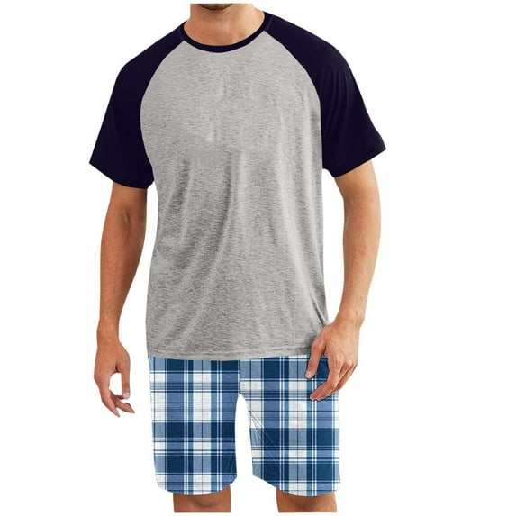 Handshe Men's Shorts & Short Sleeve T-Shirt Set, Checkered Print Color Block Raglan Two-Piece Loungewear, Casual Comfort Homewear for Men,Plus Size
