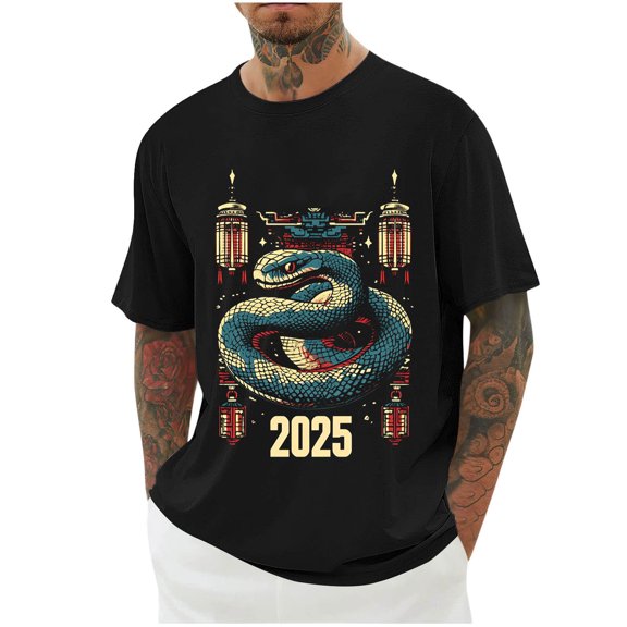 Handshe Men's Snake with Forest Elements Printed T-shirt Short Sleeve Crewneck Casual Shirts