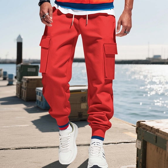 Handshe Men's Solid Breathable Cargo Sweatpants with Drawstring Waist Multiple Pockets Elastic Cuffs Athletic Comfort,Plus Size