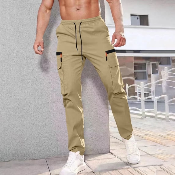 Handshe Men's Solid Casual Cargo Pants, Elastic Waist with Drawstring & Utility Pockets, Relaxed Fit for Daily Wear