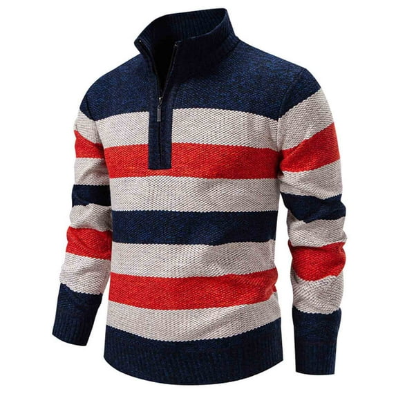 Handshe Men's Solid & Color Block Striped Sweater, Stretch Knit Half-Zip Stand Collar Long Sleeve, Casual Urban Fashion Top for Men,Plus Size
