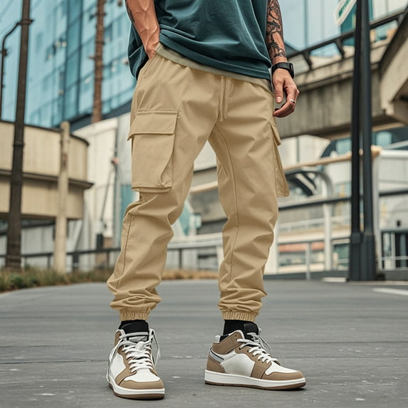 Handshe Men's Solid Color Breathable Sport Cargo Joggers with Drawstring Waist & Multiple Pockets Stretch Slim-Fit Elastic Cuffs,Plus Size