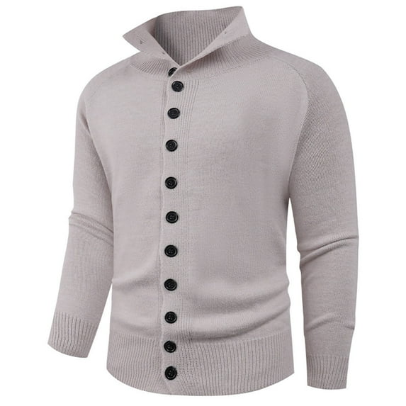Handshe Men's Solid Color Casual Button Front Knit Cardigan, Stretch Long Sleeve Stand Collar Sweater for Men, Lightweight Comfortable Fall Winter Layering for Everyday Wear