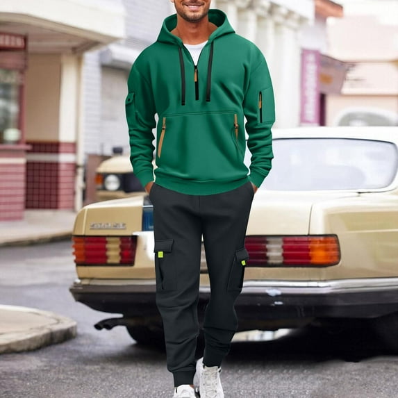 Handshe Men's Solid Color Casual Hooded Sweatshirt and Joggers Set, Loose Fit with Pockets & Drawstring Details, Outdoor Lounge Everyday Streetwear Comfort