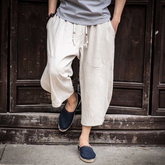 Handshe Men's Solid Color Casual Pants with Elastic Waist Drawstring and Roomy Pockets Relaxed Fit Outdoor Lounge Wear,Plus Size