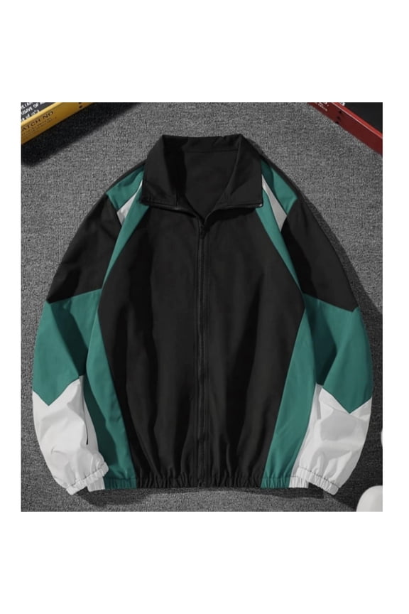 Men's Solid Color Contrast Zippered Lapel Jacket, Long Sleeve Hoodless Lightweight Outerwear for Outdoor Activities and Style