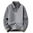 thumbnail image 1 of Handshe Men's Solid Color Faux Two-Piece Knit Sweaters, Thermal Thickened Casual Long Sleeve Turn-Down Collar Tops, Striped Layered Style for Daily Wear and Outdoor Leisure,Plus Size, 1 of 3