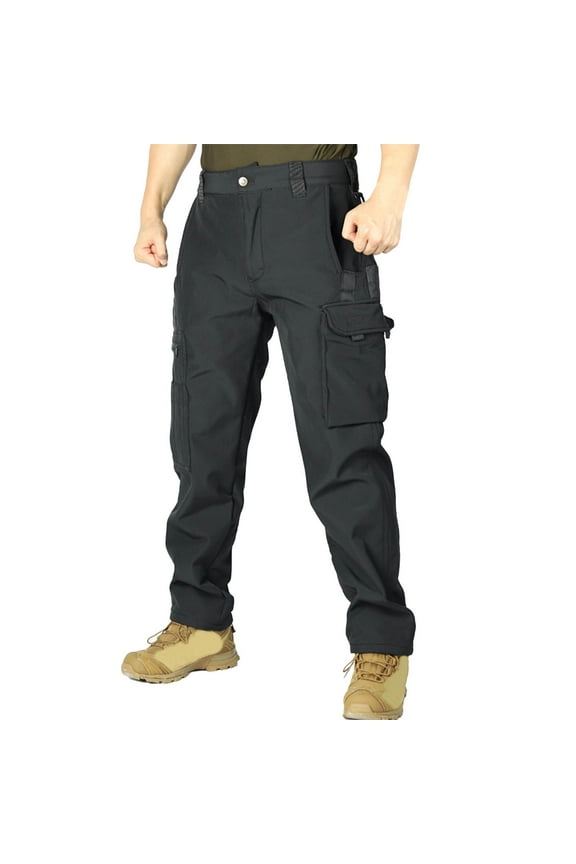 Men's Solid Color Fleece-Lined Tactical Work Pants Multi-Functional Outdoor Training Hiking Pants,Plus Size