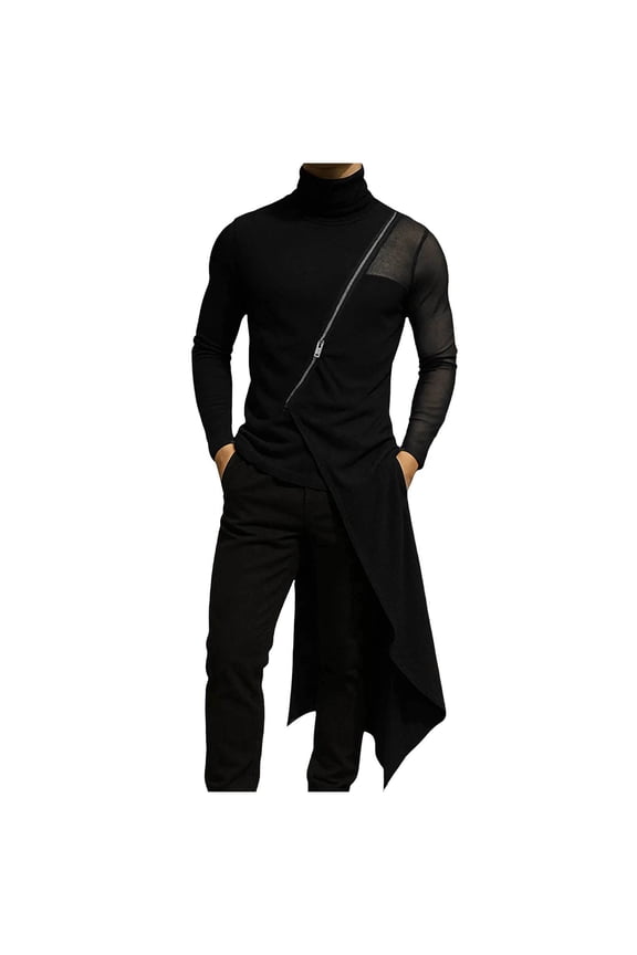 Men's Solid Color High Neck Longline Slim Fit T-shirt with Sheer Mesh Panels and Diagonal Zipper for Casual and Daily Wear