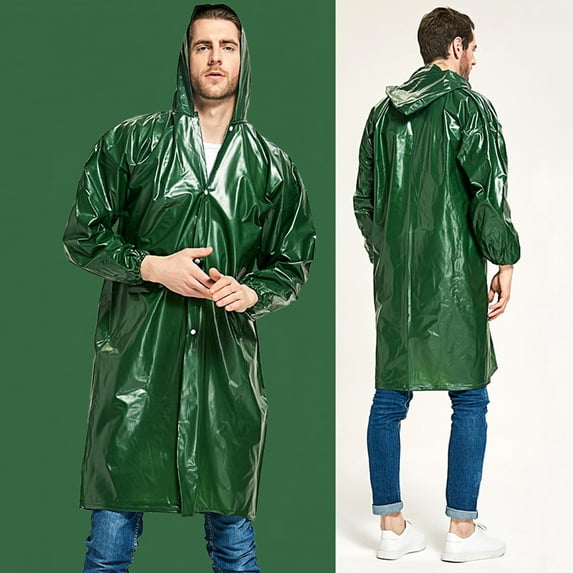 Handshe Men's Solid - Color Hooded Button Raincoat - Long - Sleeve All - Season Casual Coat