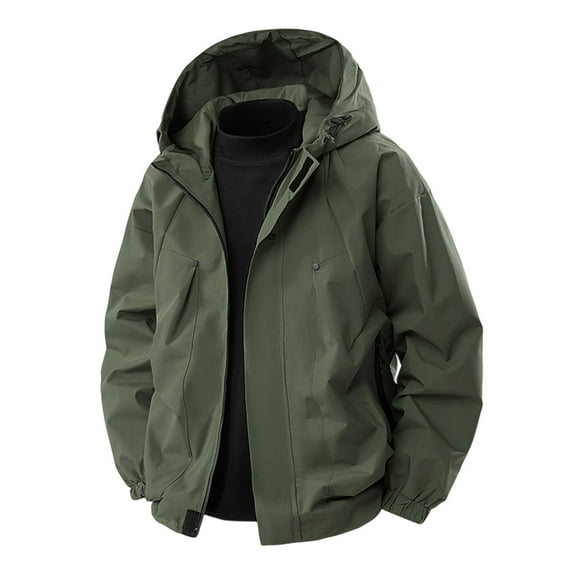 Handshe Men's Solid Color Hooded Work Jacket Coat, Long Sleeve Water-Resistant Outdoor Hiking Camping Workwear Windbreaker,Plus Size